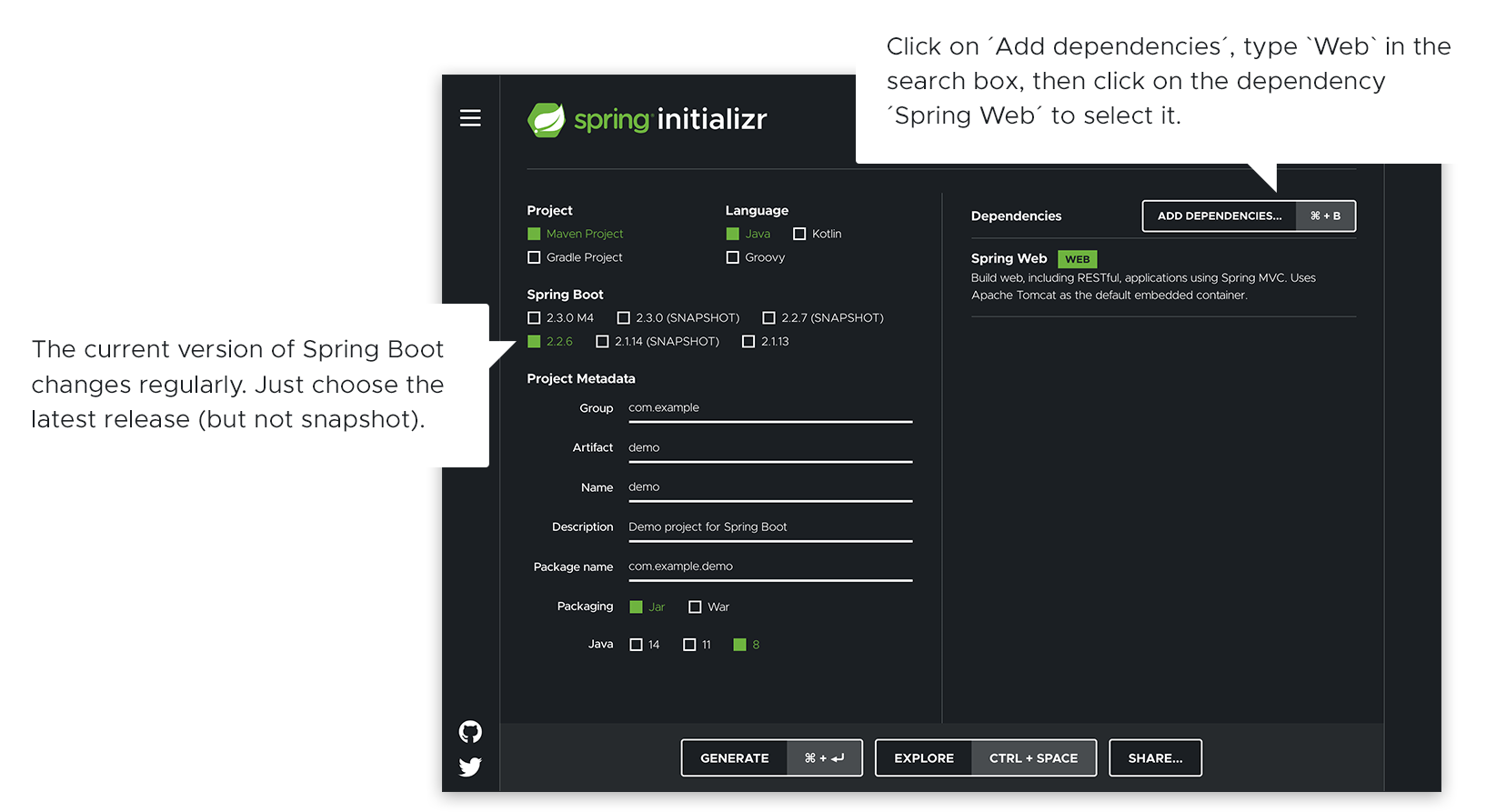 Spring Initializr（start.spring.io）被要求生成一个简单的Spring Boot'Web'项目。 点击“生成”按钮将创建一个项目的存档，您可以将其解压缩并用于入门。
